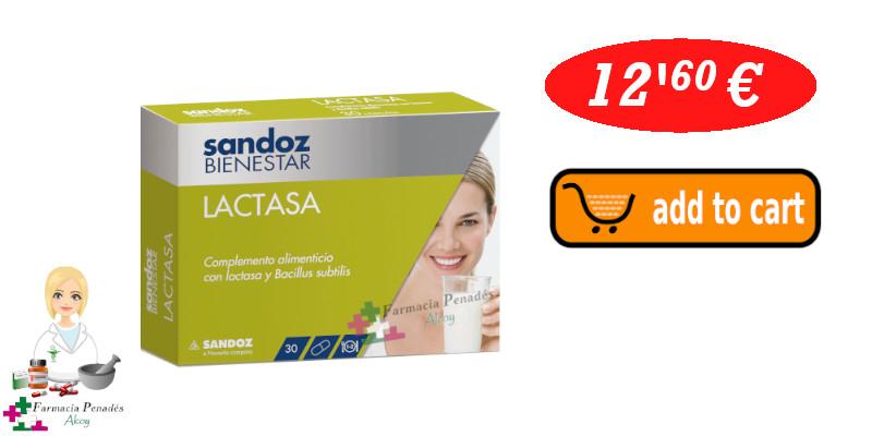 Lactasa Sandoz Bienestar 30 capsulas producto para la intolerancia a la lactosa alergia lactasa gases mala digestion farmaciapenadesalcoy